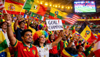 世界杯球迷欢庆场景 - 看台上挥舞旗帜的球迷